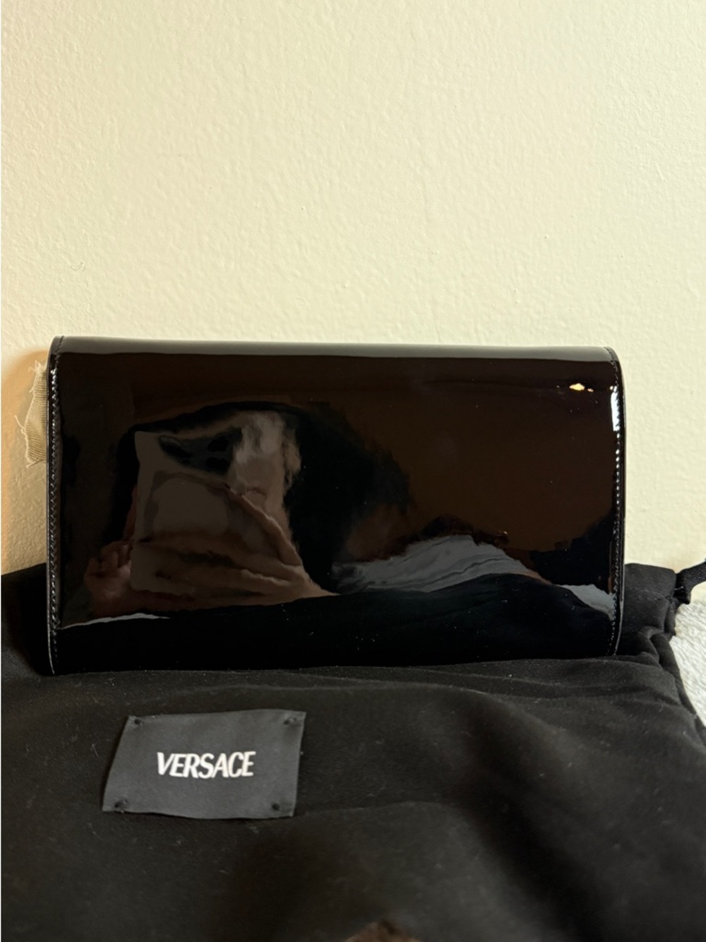 Versace Black Patent Leather Clutch on chain with Gold Medusa Button - Picture 6 of 6